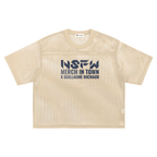Beige mesh t-shirt with text on a white background