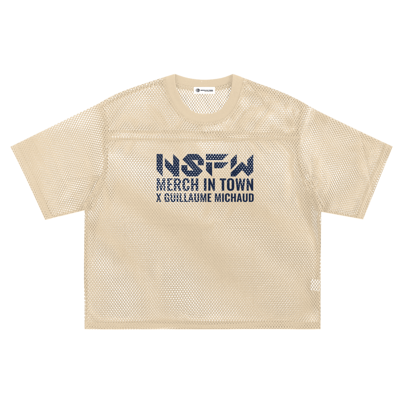 Beige mesh t-shirt with text on a white background