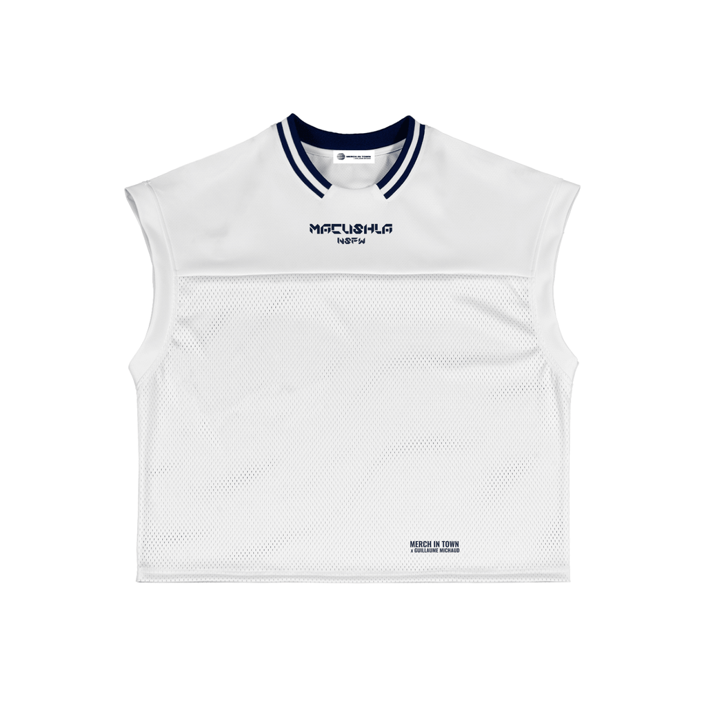 White sleeveless sports top with navy trim and branding on a white background