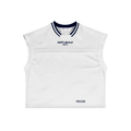 White sleeveless sports top with navy trim and branding on a white background