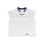 White sleeveless sports top with navy trim and branding on a white background
