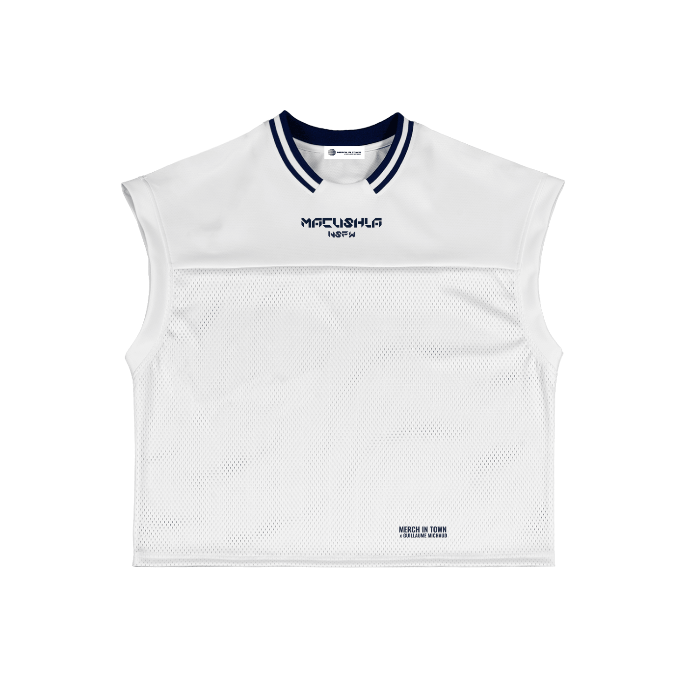 White sleeveless sports top with navy trim and branding on a white background