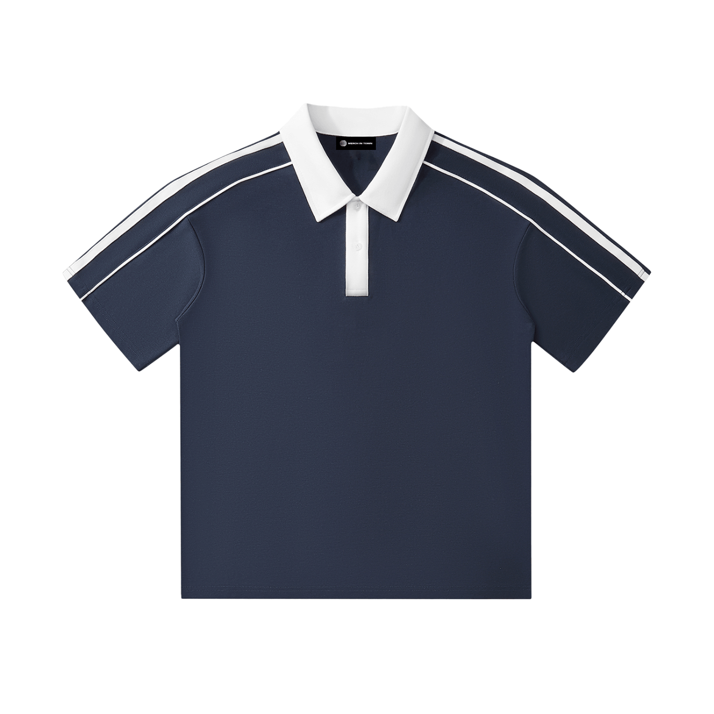 Bolarinho contrast collar polo shirt in navy blue with white stripes, short sleeve design for casual and sporty looks.
