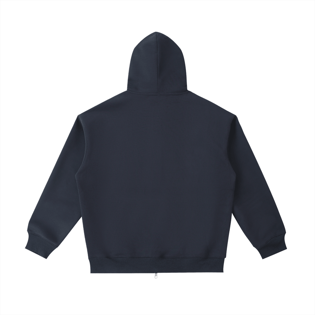 Back view of Bolarinho heavyweight unisex pocket hoodie in navy, showcasing its thick fabric and casual style.
