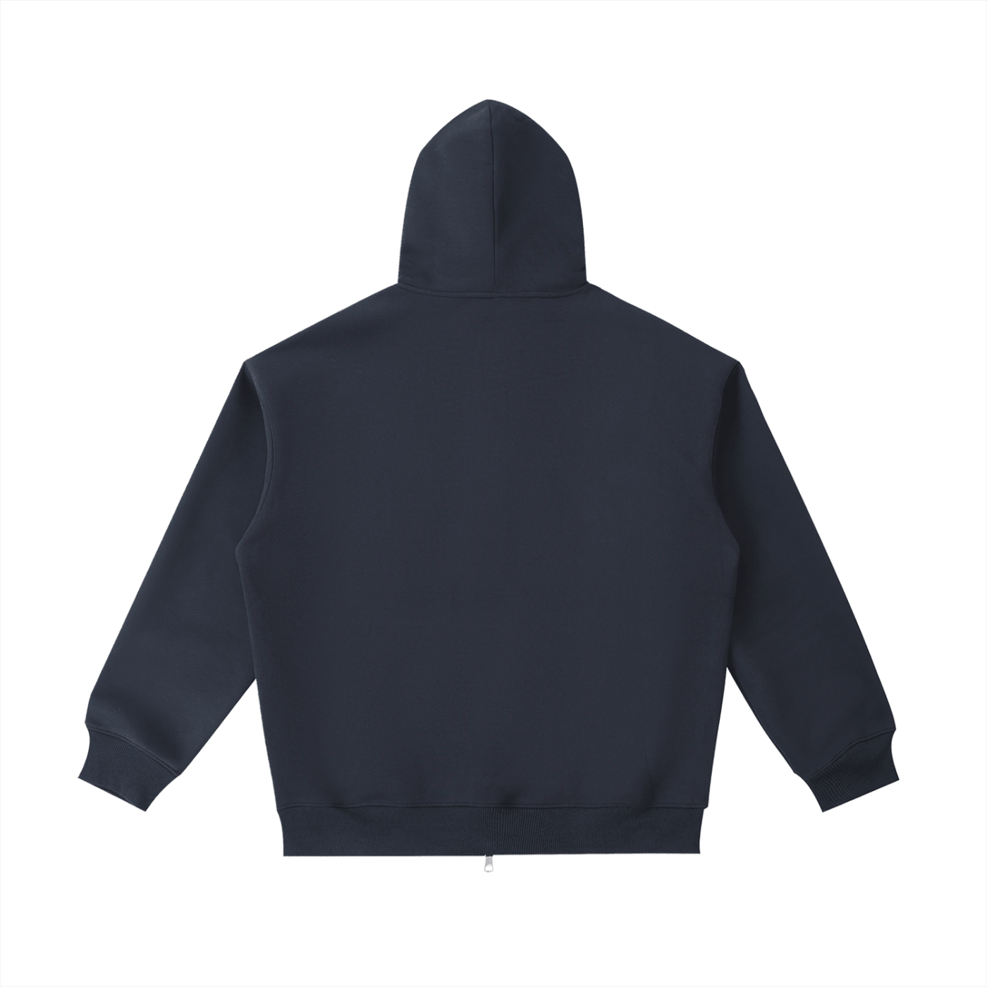 Back view of Bolarinho heavyweight unisex pocket hoodie in navy, showcasing its thick fabric and casual style.