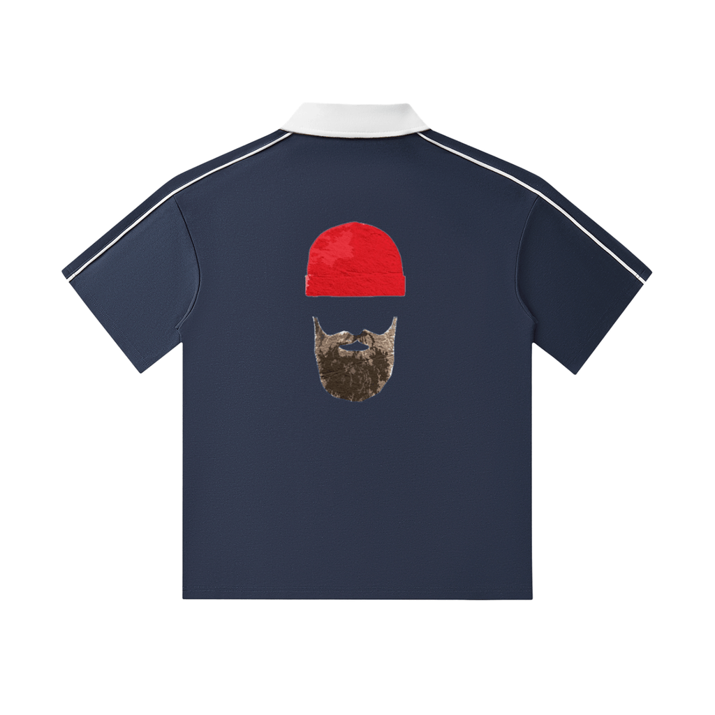 Back view of a Bolarinho contrast collar polo shirt featuring a graphic design of a beard and red beanie.