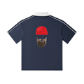 Back view of a Bolarinho contrast collar polo shirt featuring a graphic design of a beard and red beanie.