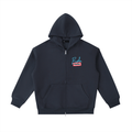heavyweight unisex pocket hoodie in navy blue with zipper and embroidered logo