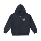 heavyweight unisex pocket hoodie in navy blue with zipper and embroidered logo
