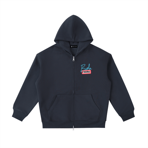 heavyweight unisex pocket hoodie in navy blue with zipper and embroidered logo