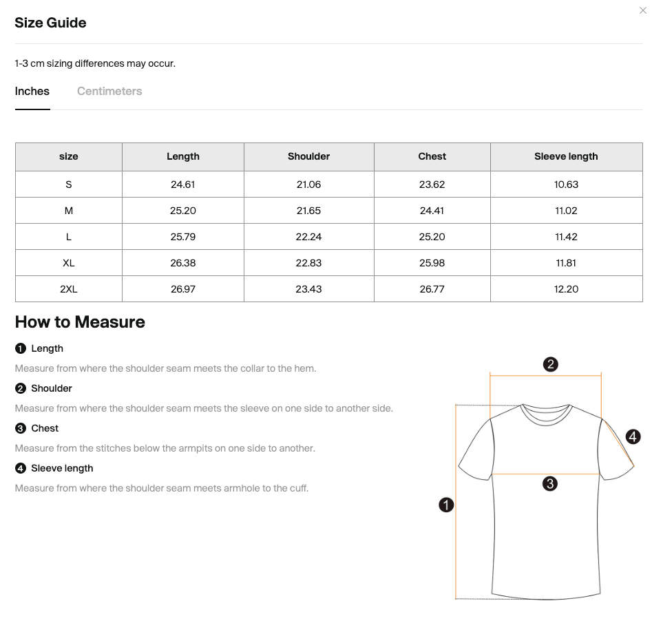 Size chart for shirts with measurements in inches and centimeters, including a diagram of how to measure shirt dimensions.