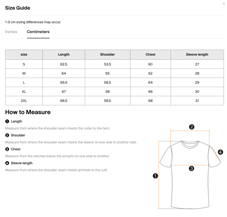 Size chart for shirts with measurements in inches and centimeters