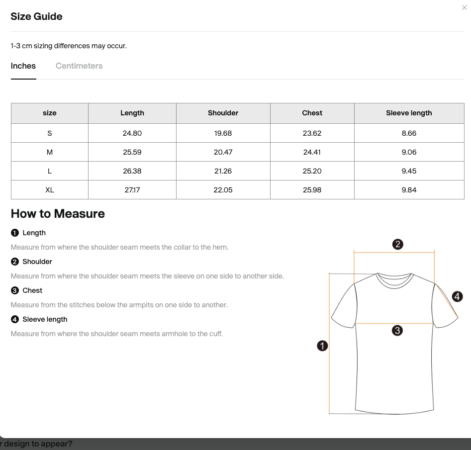Size guide for a t-shirt with measurements in inches and centimeters.