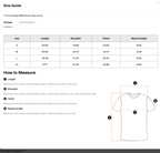 Size guide for a t-shirt with measurements in inches and centimeters.