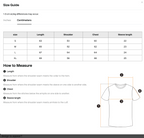 Size guide for shirts with measurements in inches and centimeters, including a diagram of how to measure shirt dimensions.