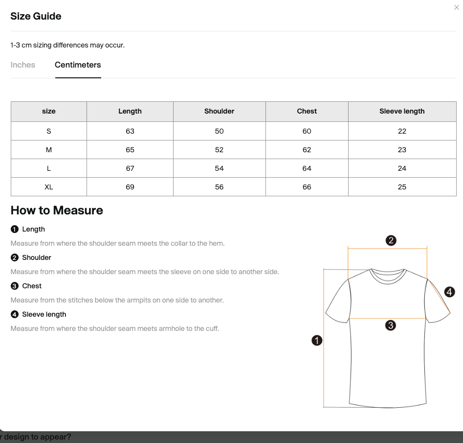 Size guide for shirts with measurements in inches and centimeters, including a diagram of how to measure shirt dimensions.