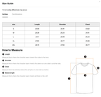 Size chart for a t-shirt with measurements in inches and centimeters, including how to measure instructions.