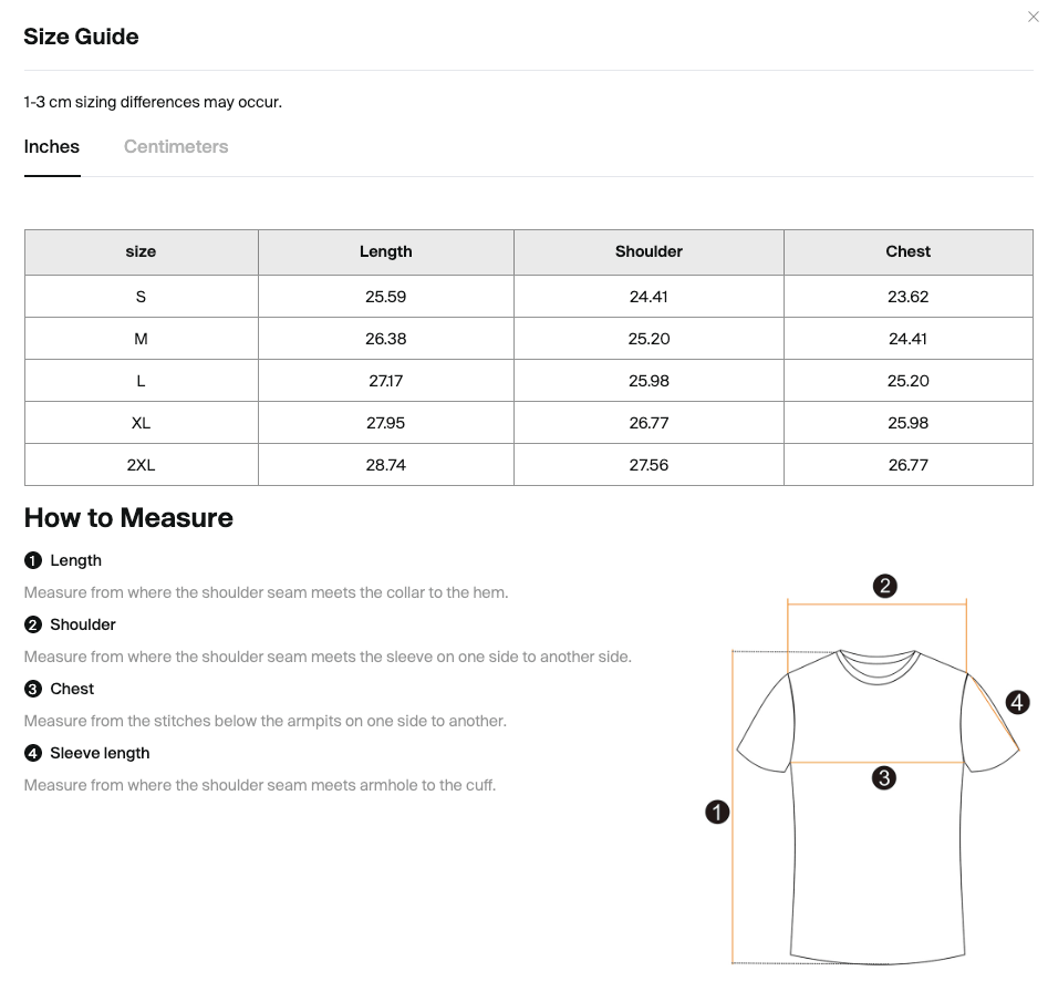 Size chart for a t-shirt with measurements in inches and centimeters, including how to measure instructions.