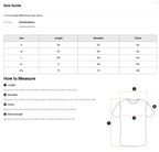 Size guide for a t-shirt with measurements in inches and centimeters.