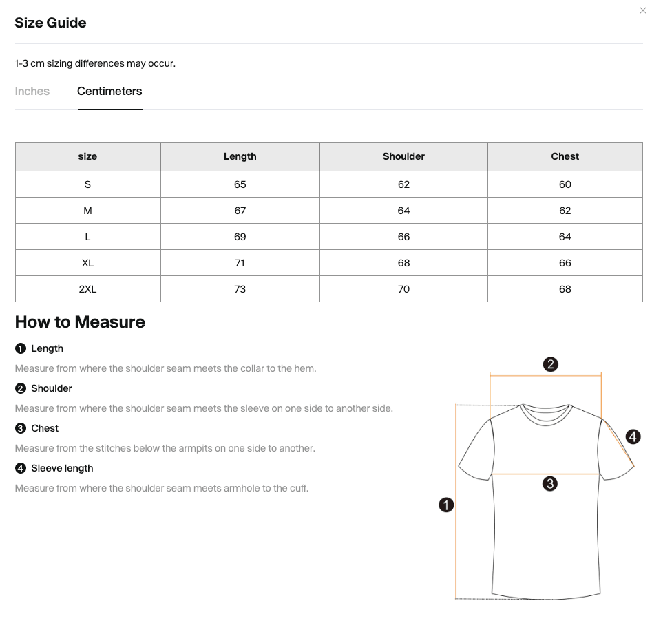 Size guide for a t-shirt with measurements in inches and centimeters.