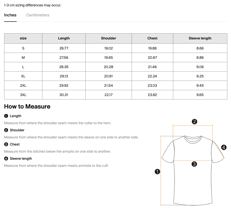 Sizing chart for Bolarinho contrast collar polo shirt with measurements in inches and centimeters.