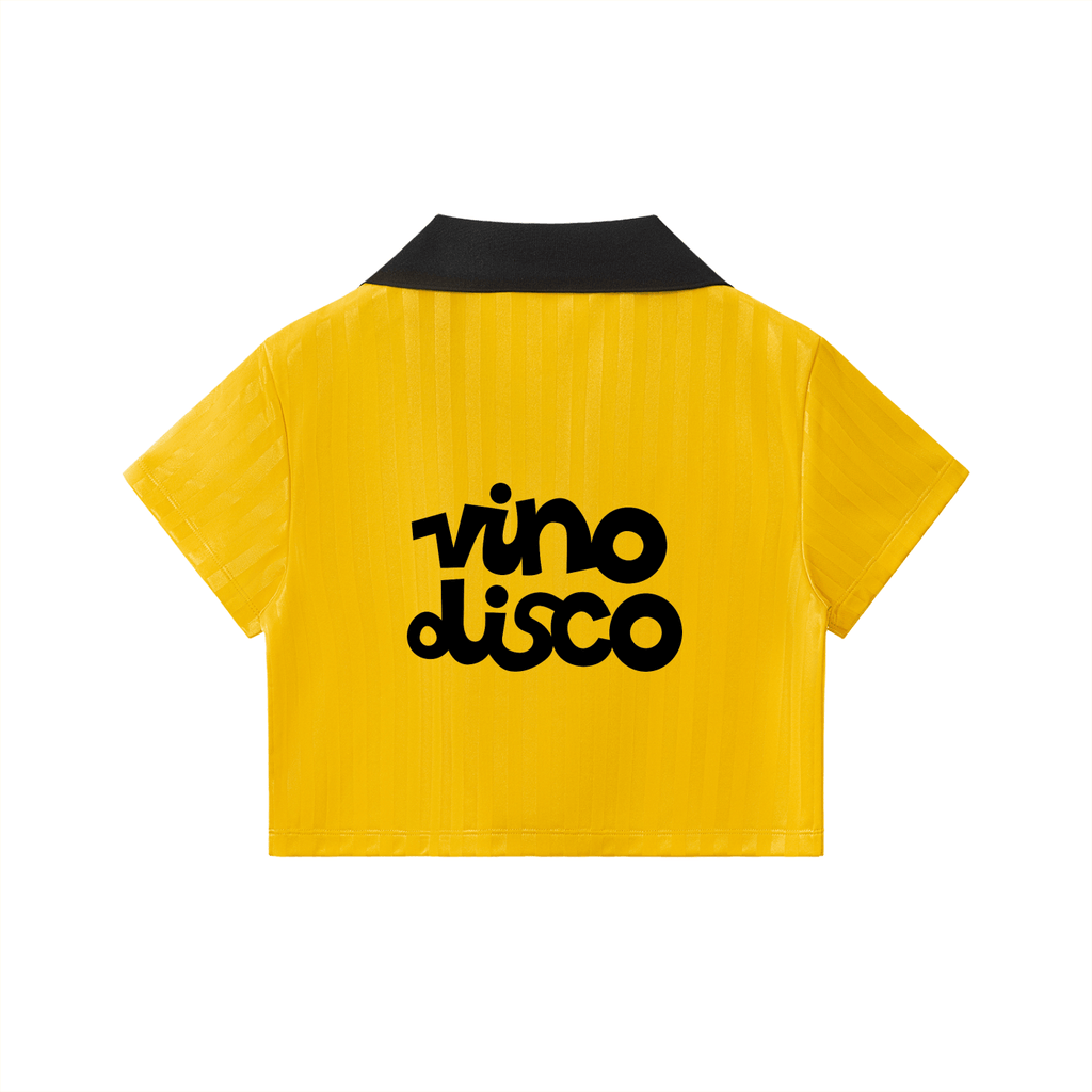 Yellow shirt with 'vino disco' text on a white background