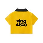 Yellow shirt with 'vino disco' text on a white background