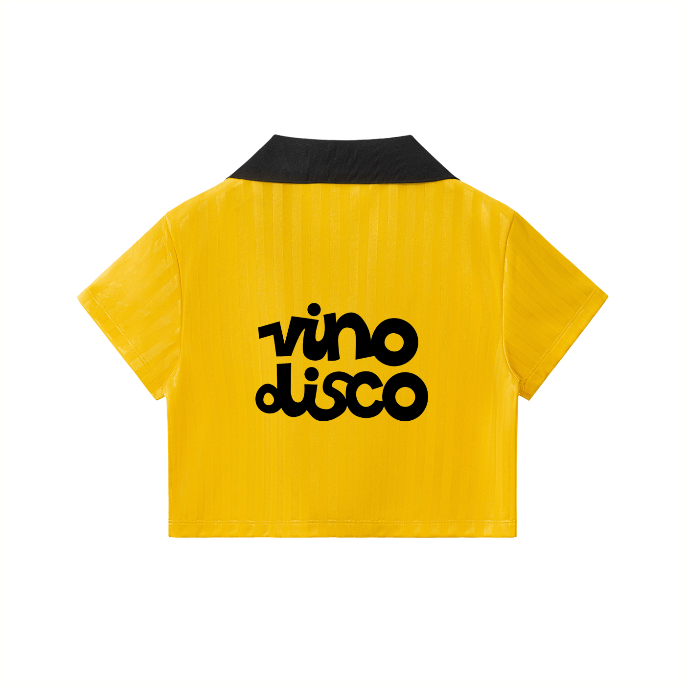 Yellow shirt with 'vino disco' text on a white background