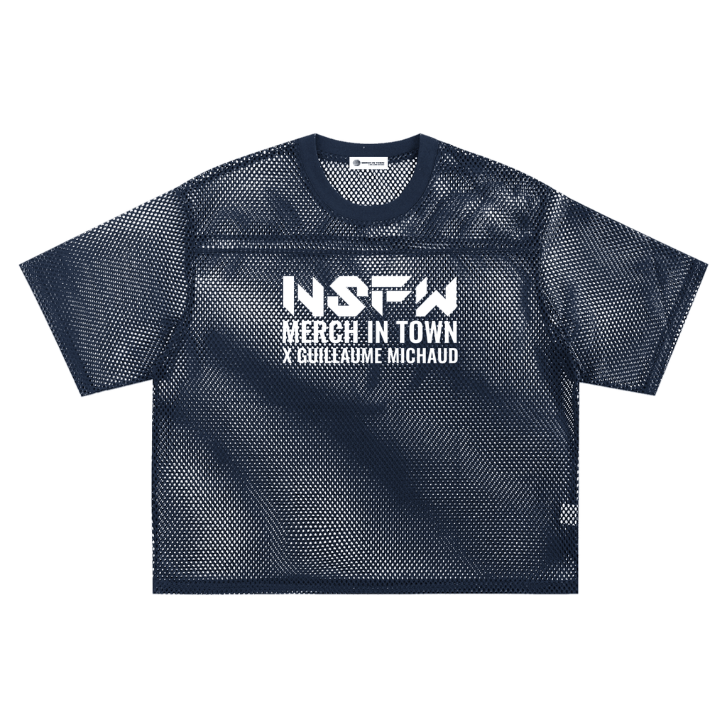 Blue mesh t-shirt with white text on a white background