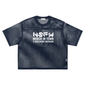 Blue mesh t-shirt with white text on a white background