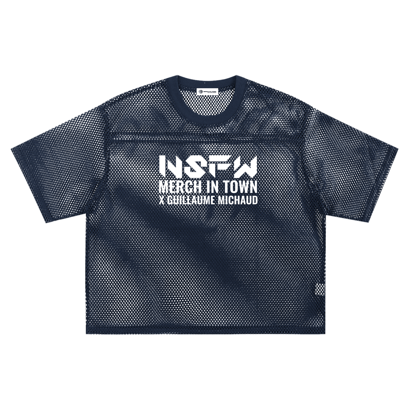 Blue mesh t-shirt with white text on a white background