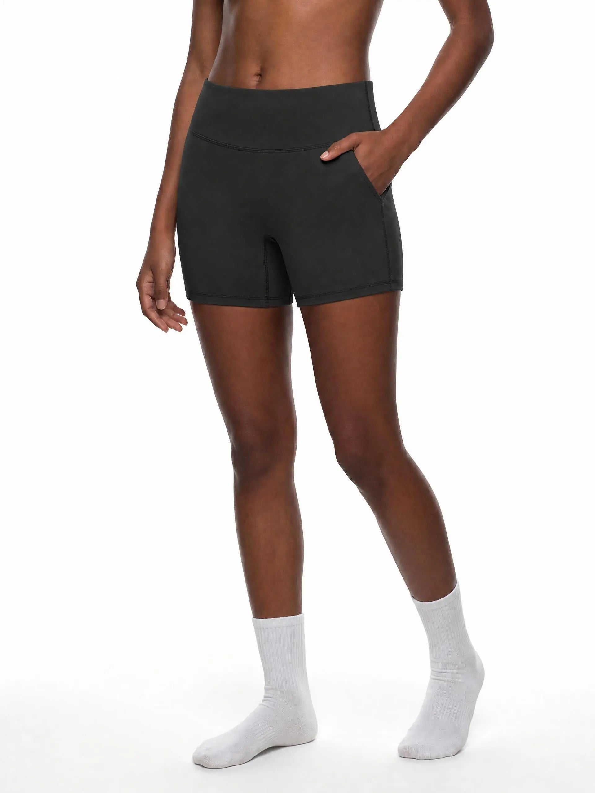 CLAiRE Women's High-Waisted Biker Shorts in Black, front view.