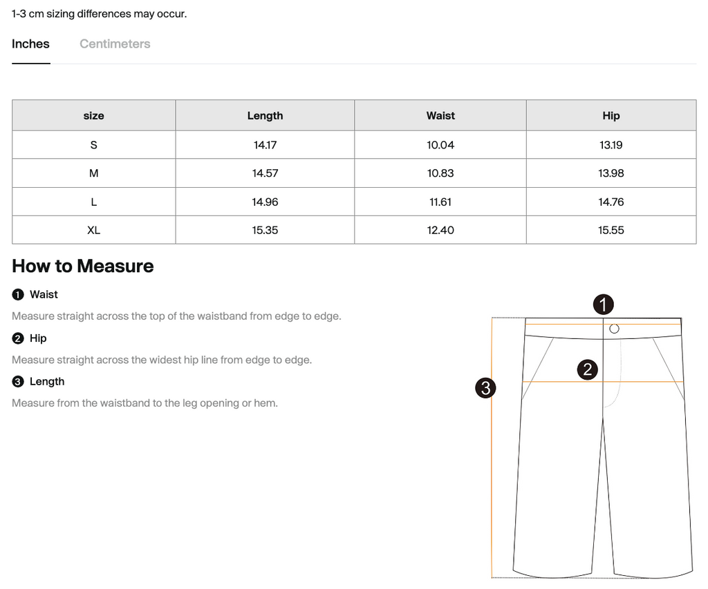 Size chart for the CLAiRE Women's High-Waisted Biker Shorts with measurements by size.