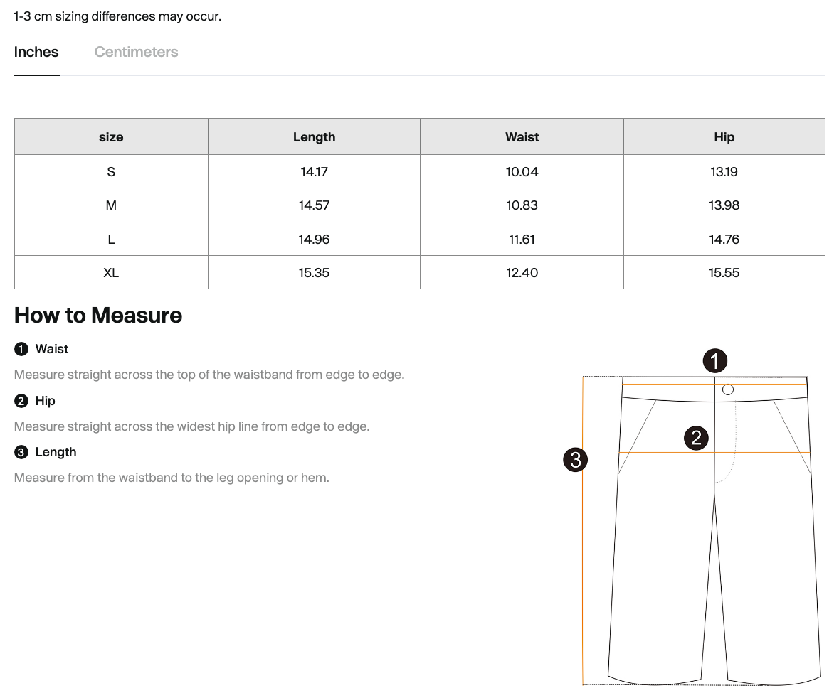 Size chart for the CLAiRE Women's High-Waisted Biker Shorts with measurements by size.