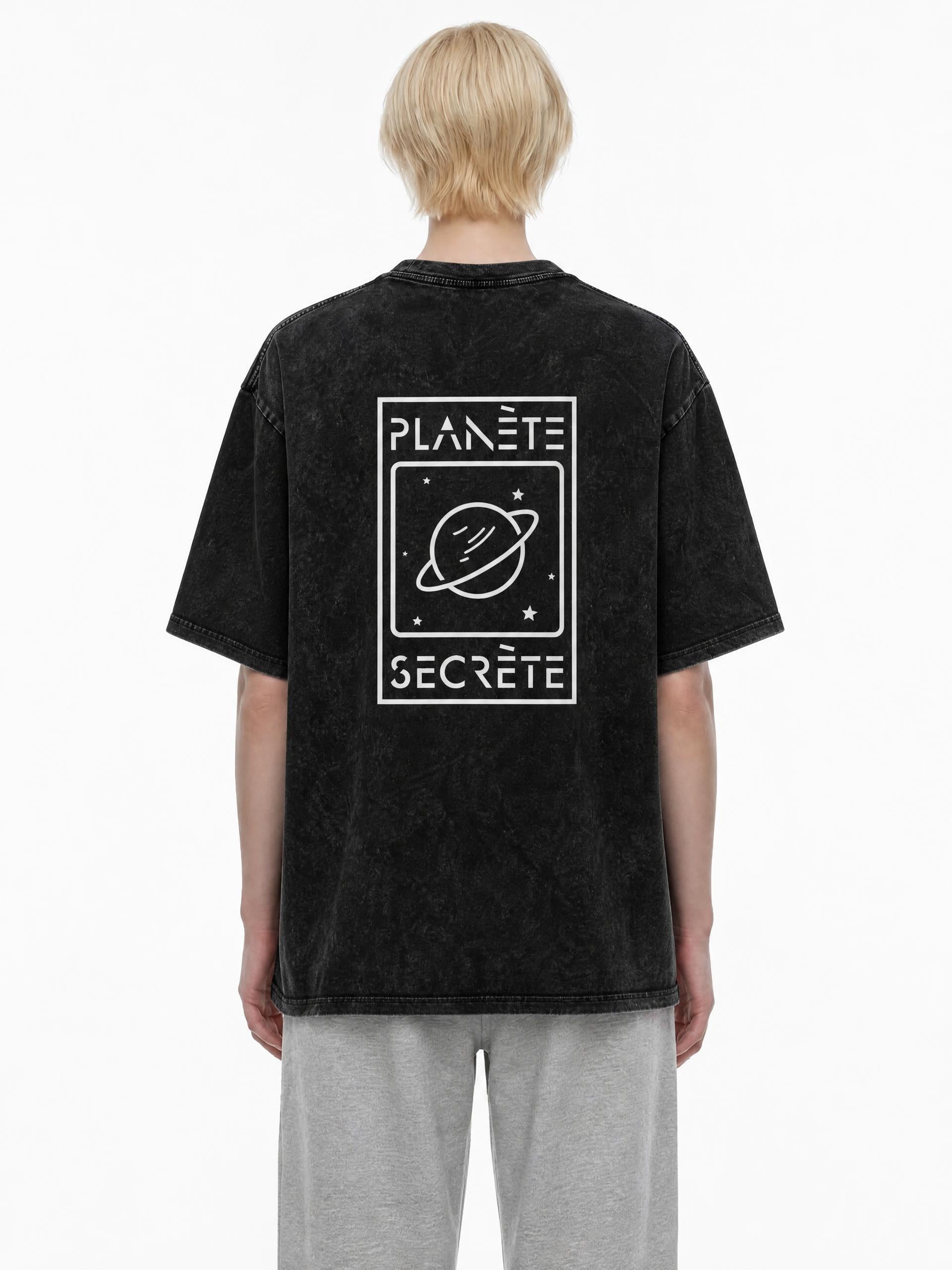 CLAiRE Snow Washed Oversized Cotton T-Shirt in Black, back view.