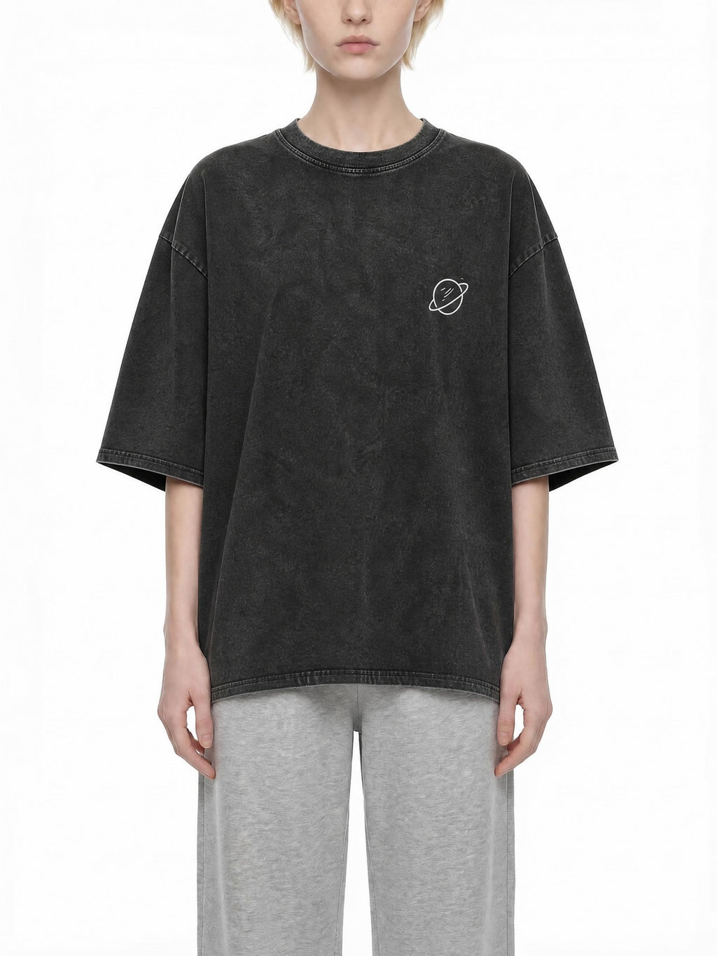 CLAiRE Snow Washed Oversized Cotton T-Shirt in Black, front view.