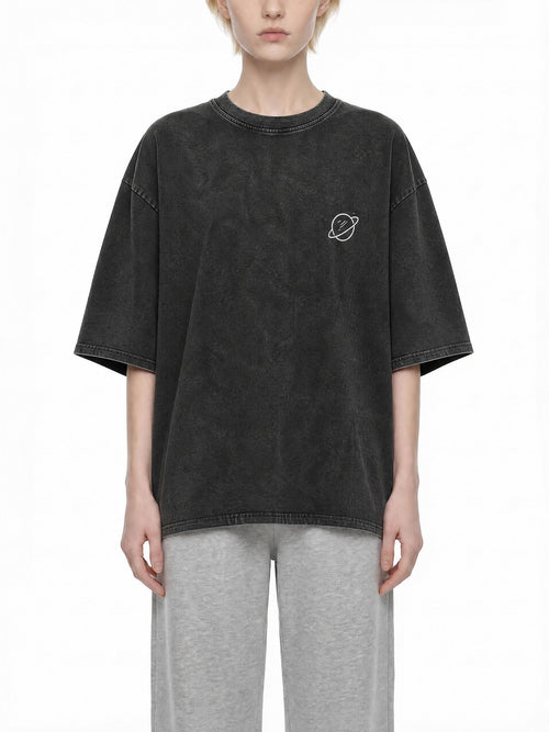 CLAiRE Snow Washed Oversized Cotton T-Shirt in Black, front view.