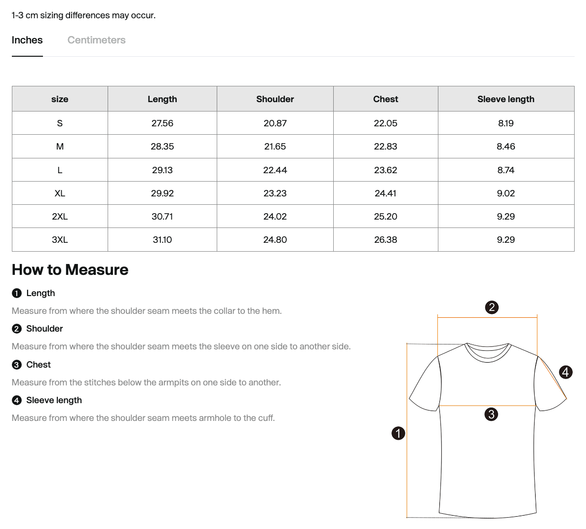 Size chart for the CLAiRE Snow Washed Oversized Cotton T-Shirt with measurements by size.