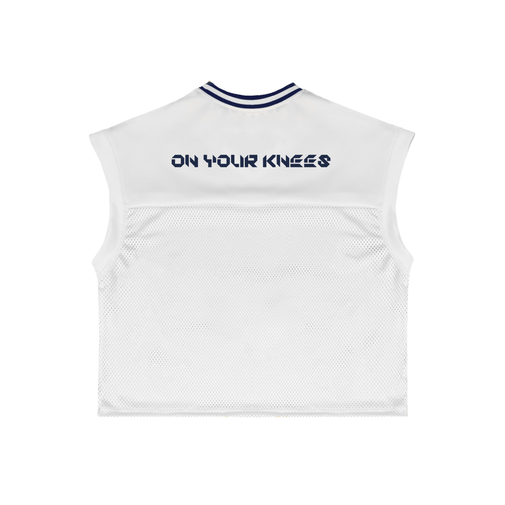 White sleeveless sports top with 'On Your Knees' text on a white background
