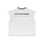 White sleeveless sports top with 'On Your Knees' text on a white background