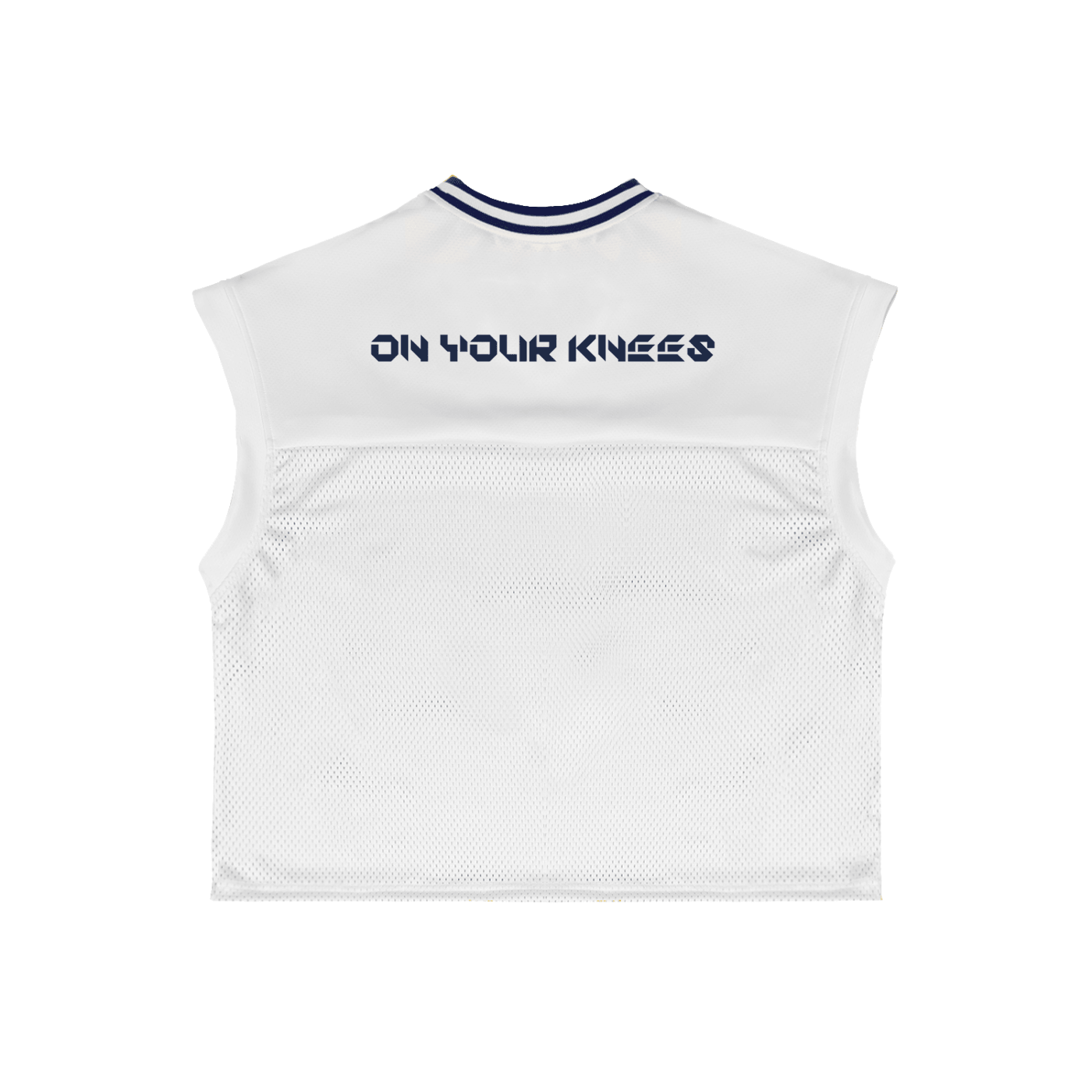 White sleeveless sports top with 'On Your Knees' text on a white background