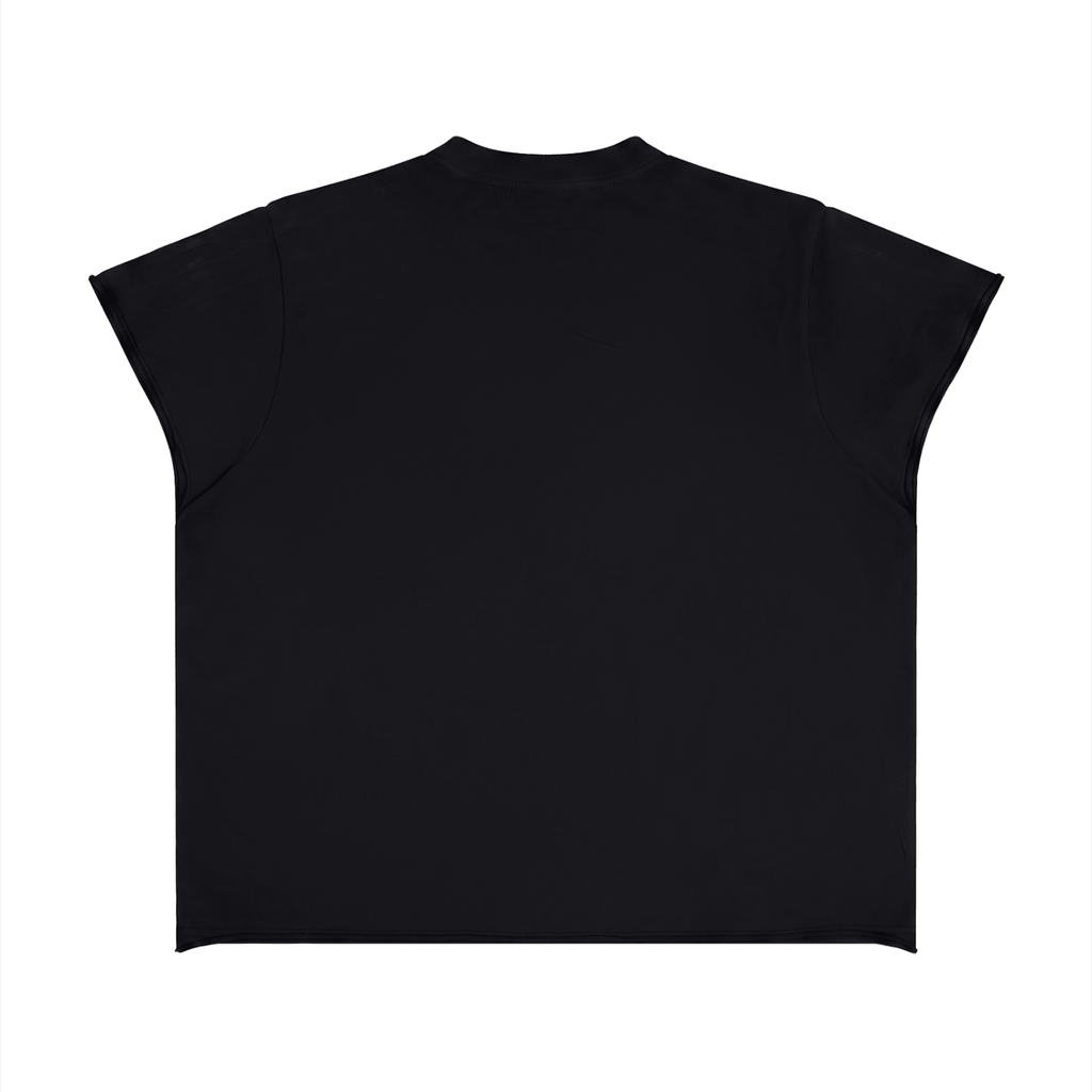 Merch in Town Boxy Raw Edge T-Shirt in Black on a white background, back view.