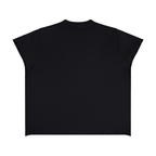 Merch in Town Boxy Raw Edge T-Shirt in Black on a white background, back view.