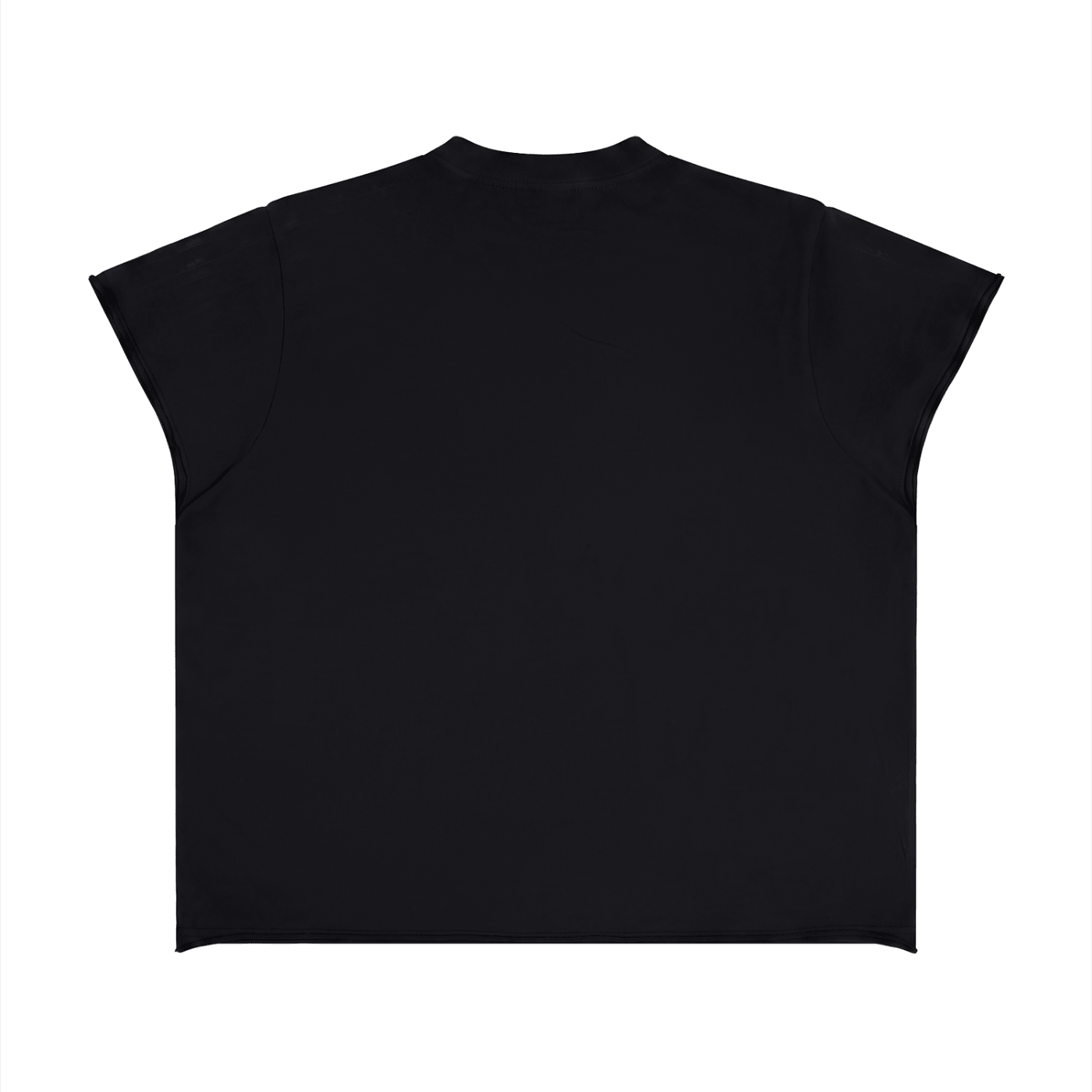 Merch in Town Boxy Raw Edge T-Shirt in Black on a white background, back view.