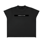 Merch in Town Boxy Raw Edge T-Shirt in Black on a white background, front view.