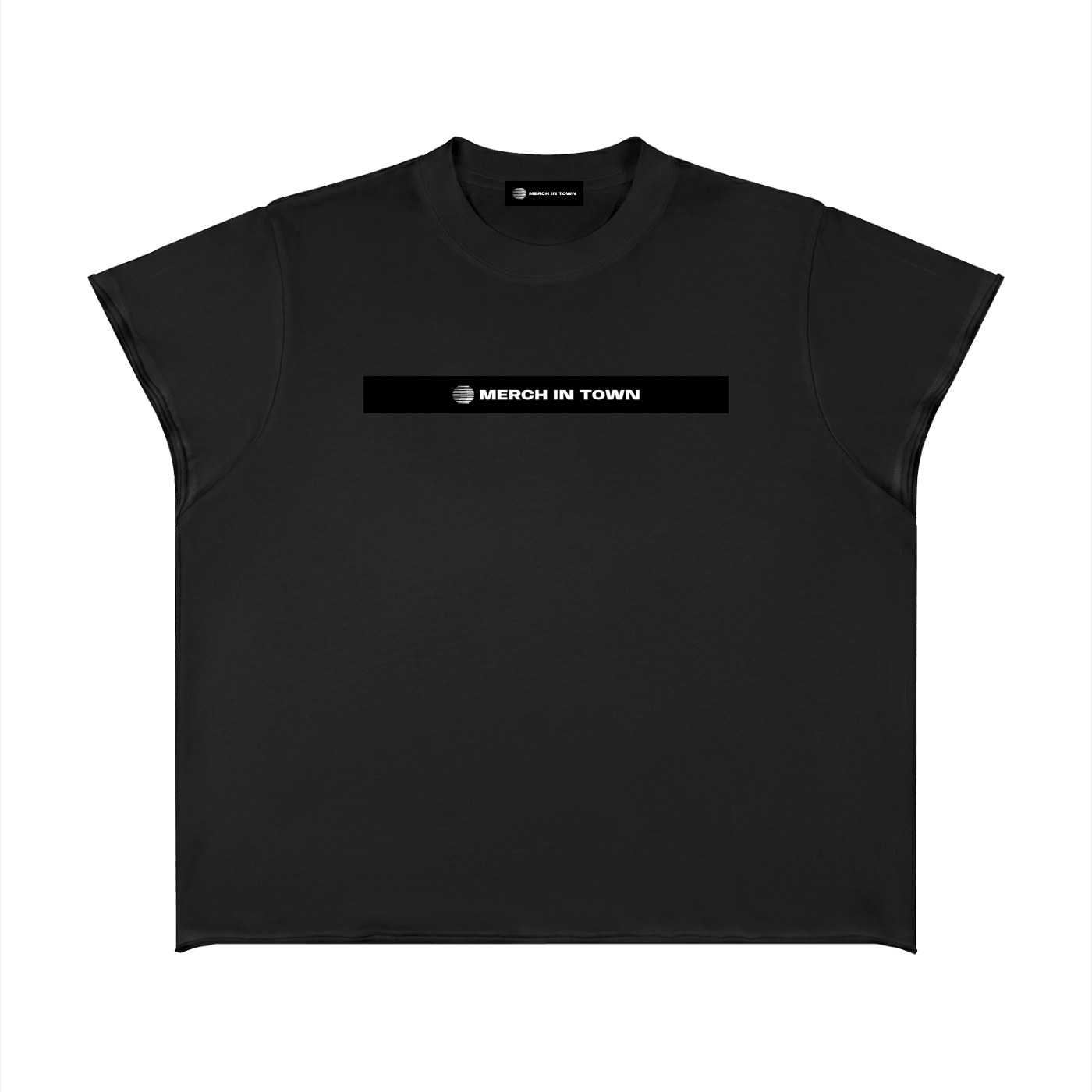 Merch in Town Boxy Raw Edge T-Shirt in Black on a white background, front view.
