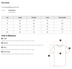 Size chart for the Merch in Town Boxy Raw Edge T-Shirt with measurements in centimeters.