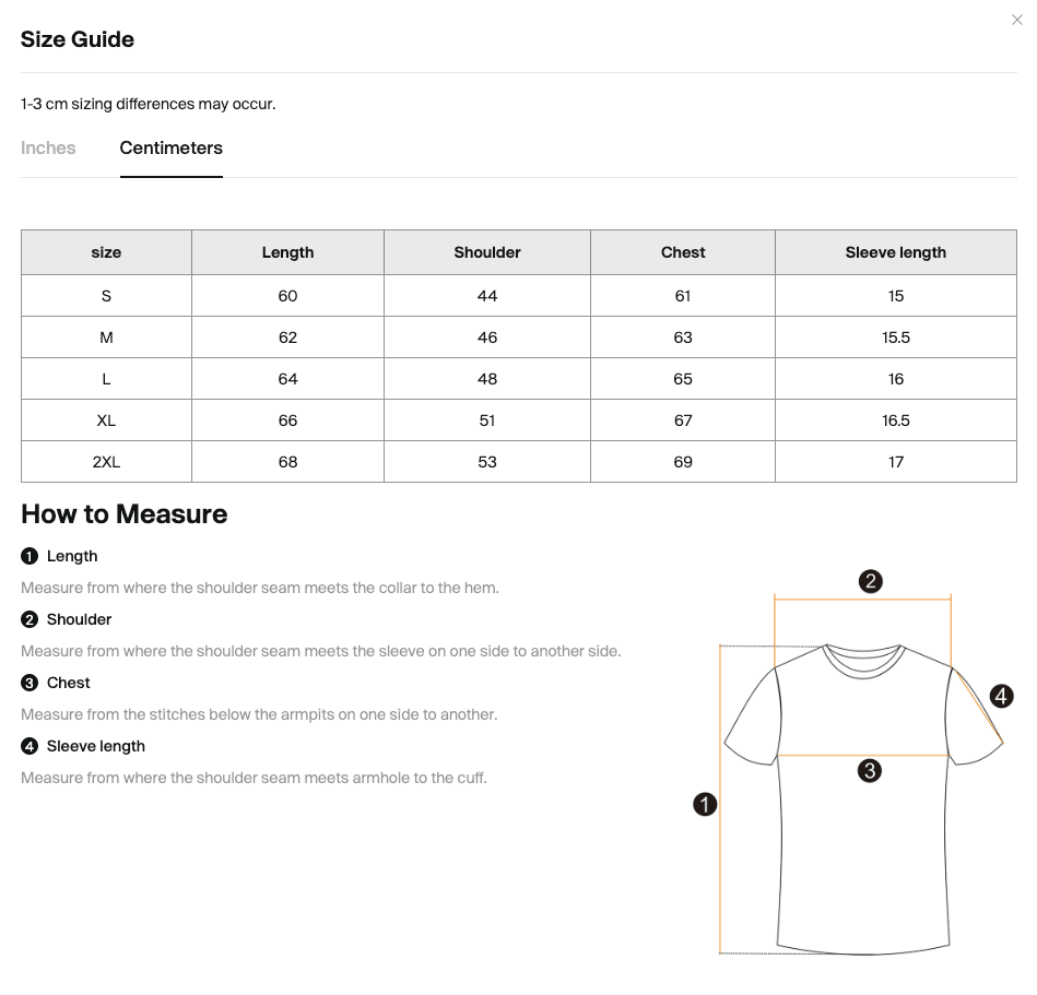 Size chart for the Merch in Town Boxy Raw Edge T-Shirt with measurements in centimeters.