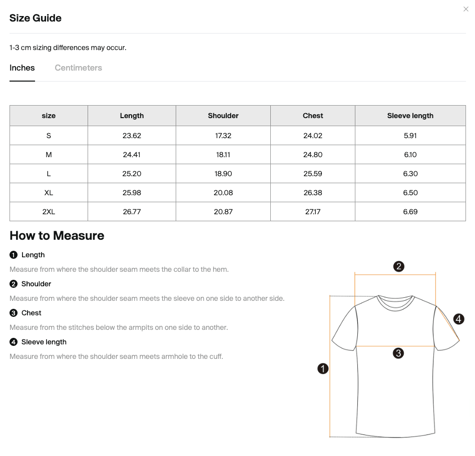 Size chart for the Merch in Town Boxy Raw Edge T-Shirt with measurements in inches.