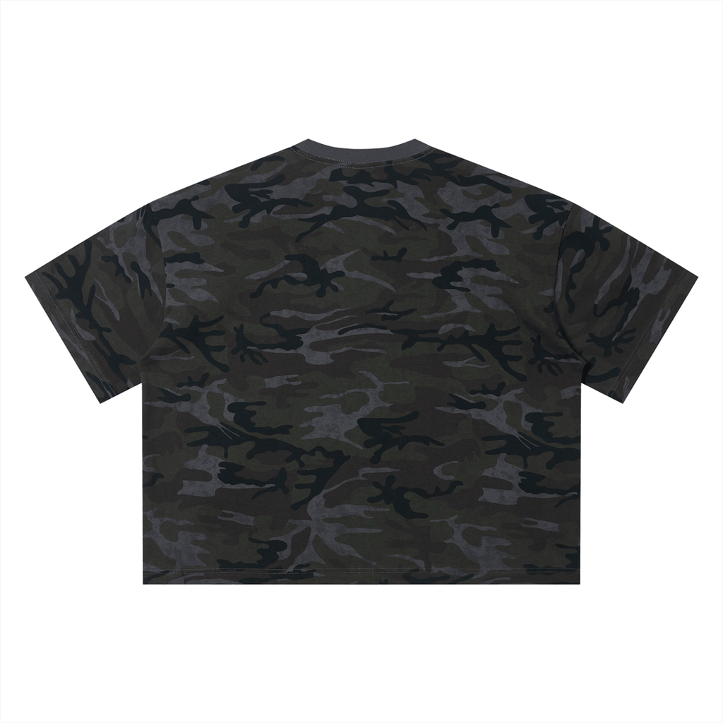 Merch in Town Camo Boxy T-Shirt in Gray Camo on a white background, back view.
